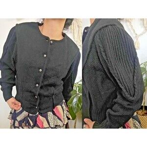 VTG Black Sweater Cardigan Women Medium Chunky Cable Knit‎ Puff Sleeve Wool